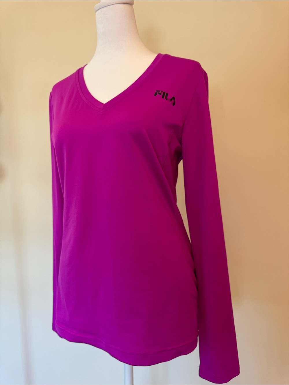 FILA Long Sleeve V-Neck Top in Bright Fuchsia